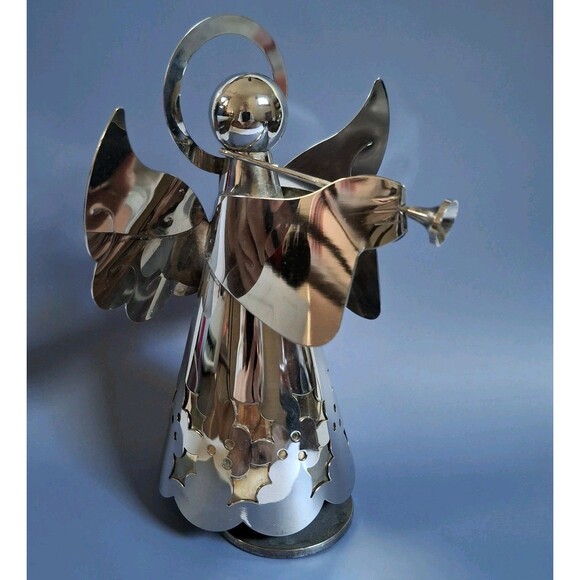Silver Plated Wind Up Music Box Christmas Angel Plays Silent Night 7" Holiday - Picture 1 of 5